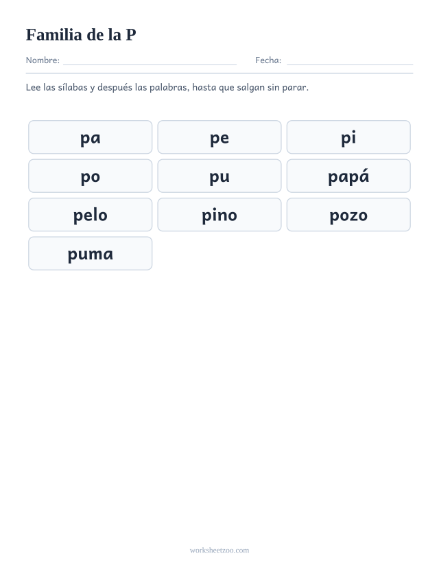 Lámina de la familia silábica de la P con pa, pe, pi, po, pu