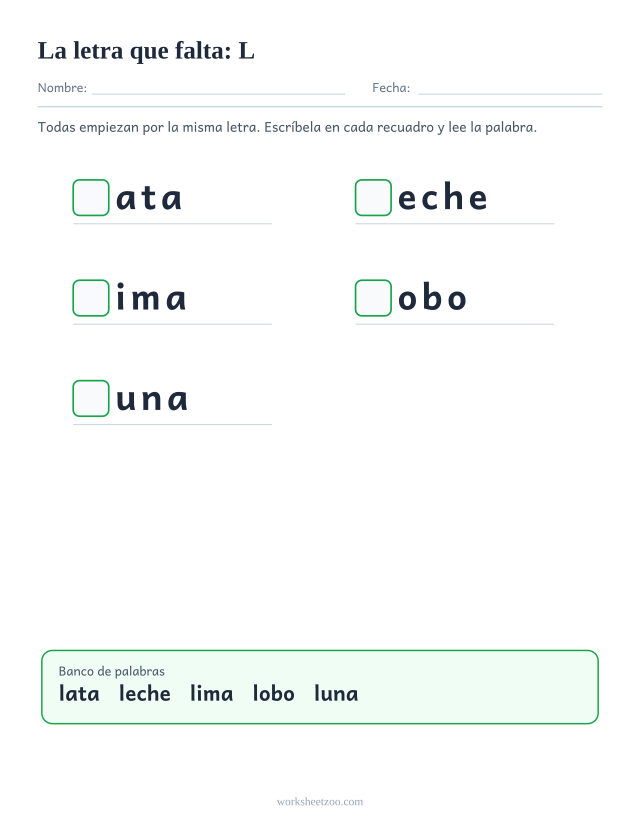 Ficha de la letra que falta de la familia de la L con banco de palabras