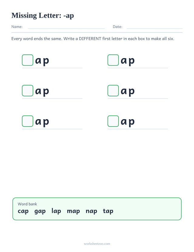 Missing letter worksheet for the -ap family with a word bank