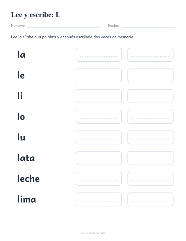 Ficha de leer y escribir de la familia de la L con lata, leche, lima, lobo, luna