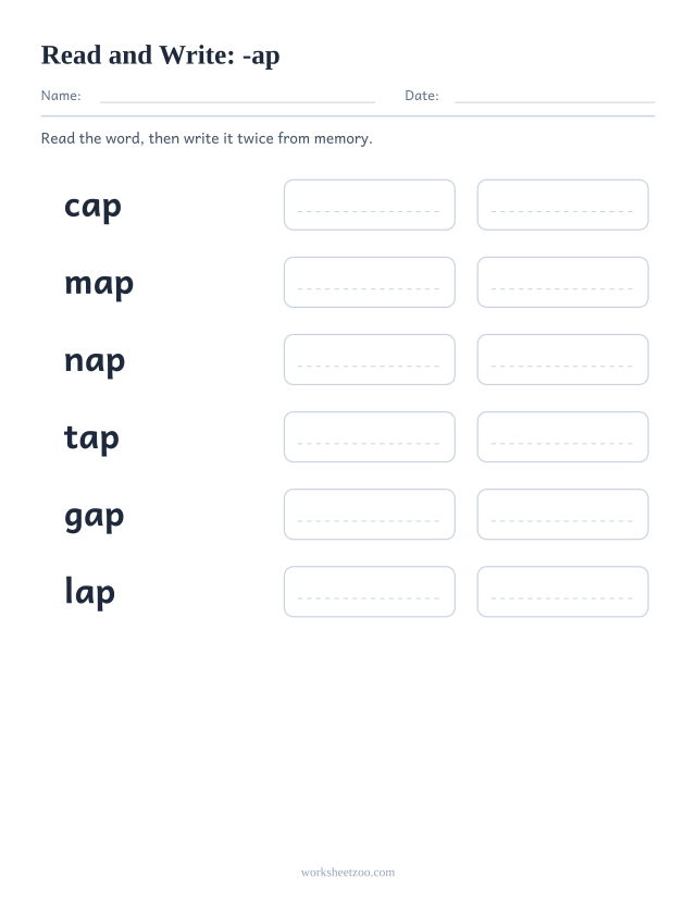 Read and write worksheet for the -ap family, cap, map, nap, tap, gap, lap