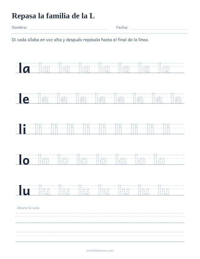 Ficha para repasar las sílabas la, le, li, lo, lu sobre pauta