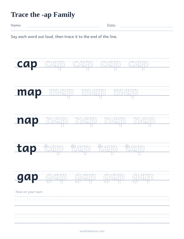 Tracing worksheet for the -ap word family on handwriting guides