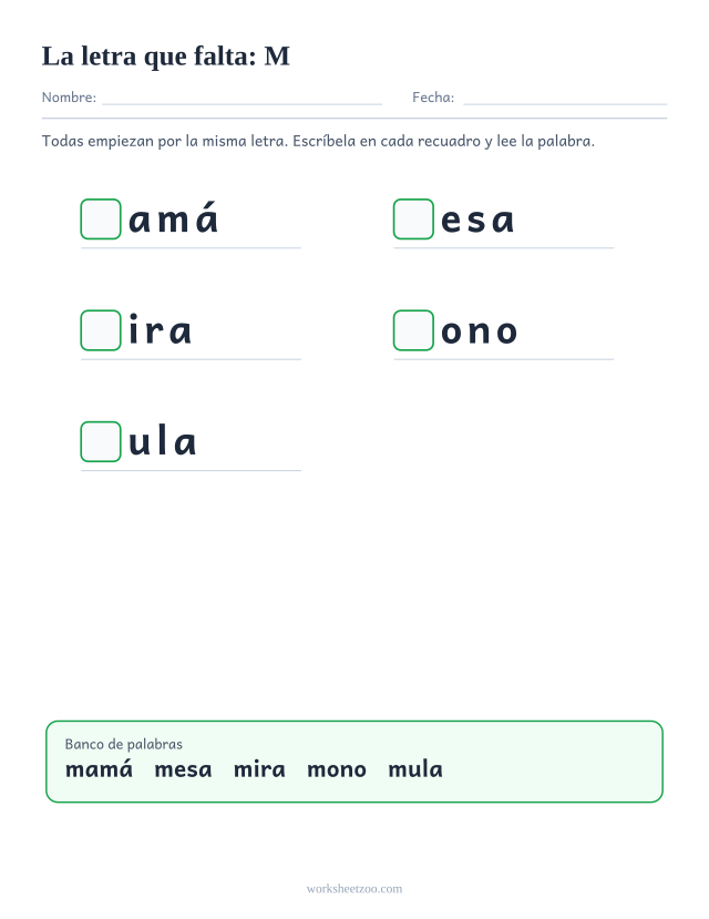 Ficha de la letra que falta de la familia de la M con banco de palabras