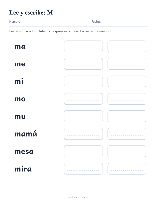 Ficha de leer y escribir de la familia de la M con mamá, mesa, mira, mono, mula