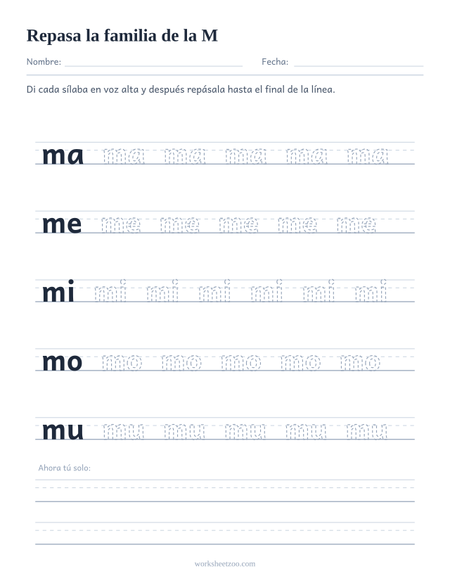 Ficha para repasar las sílabas ma, me, mi, mo, mu sobre pauta