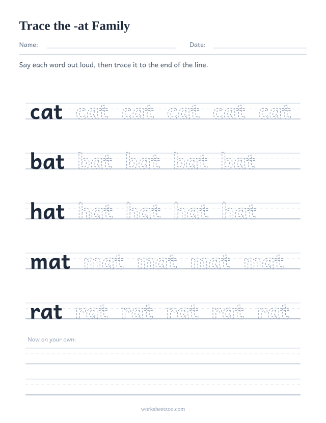 Tracing worksheet for the -at word family on handwriting guides