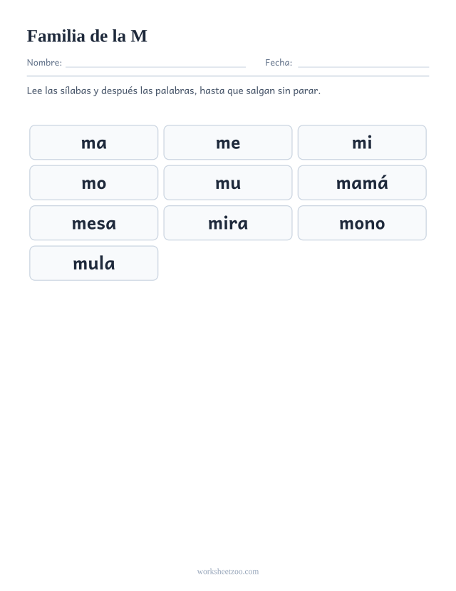 Lámina de la familia silábica de la M con ma, me, mi, mo, mu