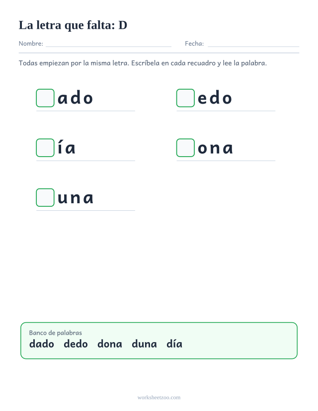 Ficha de la letra que falta de la familia de la D con banco de palabras