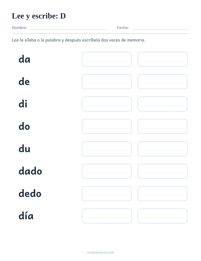 Ficha de leer y escribir de la familia de la D con dado, dedo, día, dona, duna