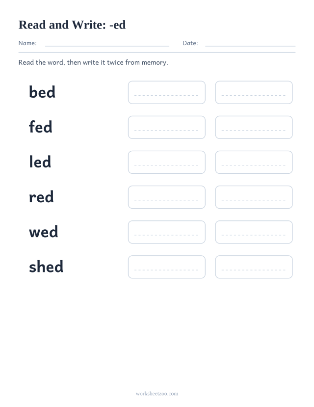 Read and write worksheet for the -ed family, bed, fed, led, red, wed, shed