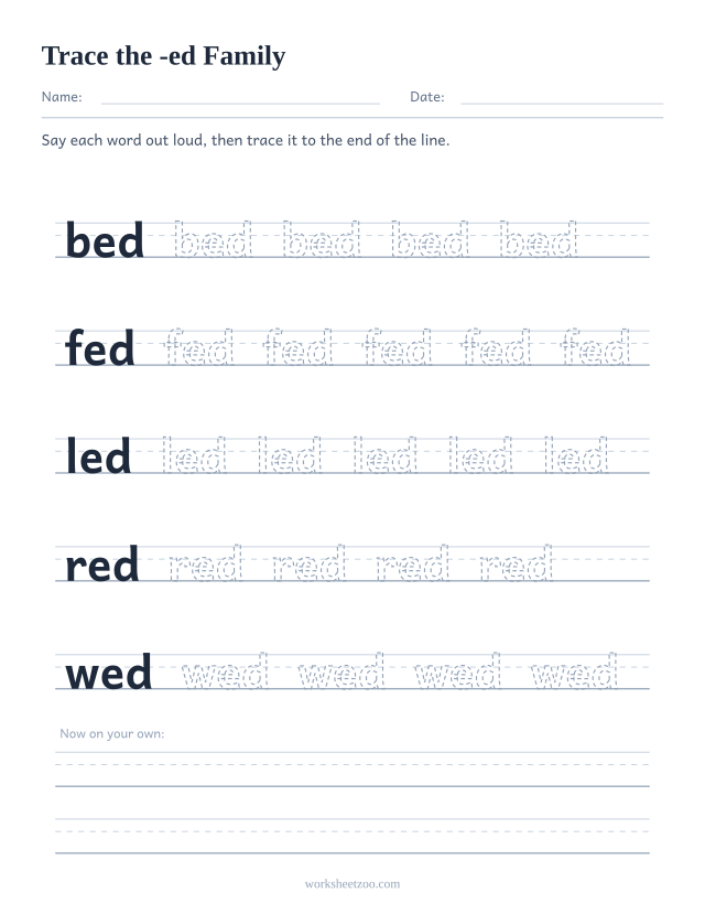 Tracing worksheet for the -ed word family on handwriting guides