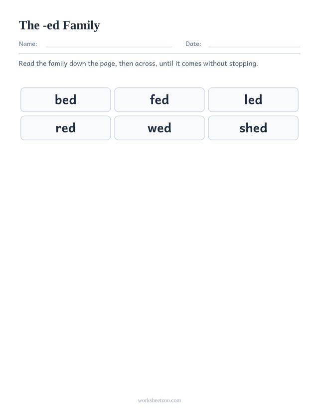 Word family chart for -ed showing bed, fed, led, red, wed, shed
