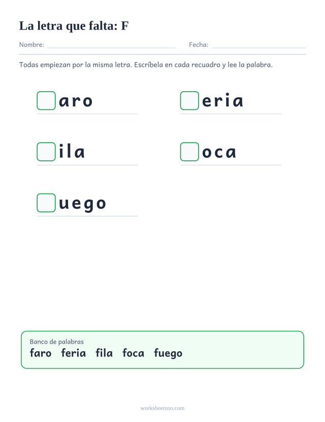Ficha de la letra que falta de la familia de la F con banco de palabras