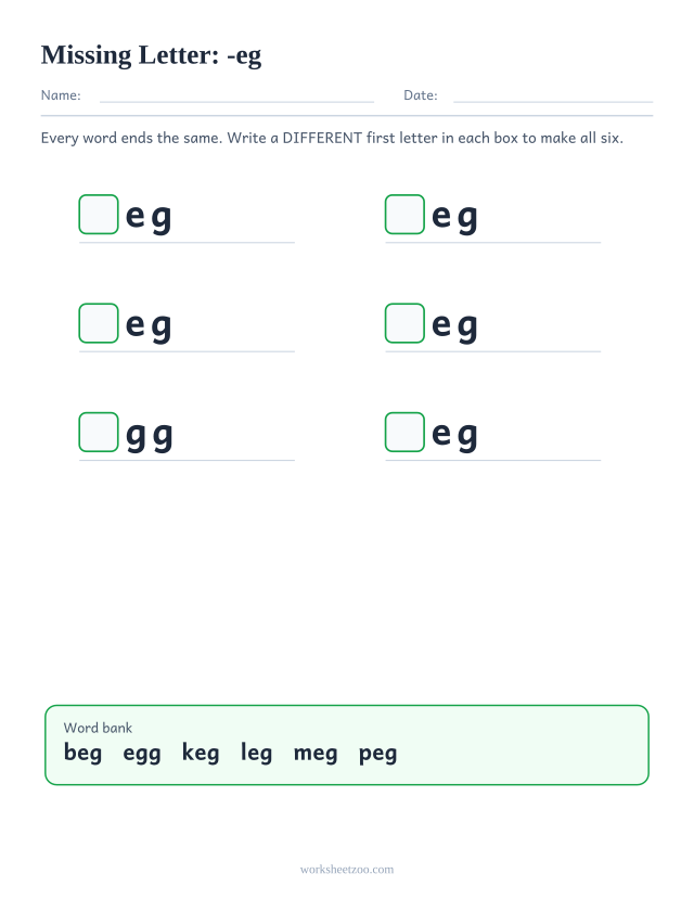 Missing letter worksheet for the -eg family with a word bank