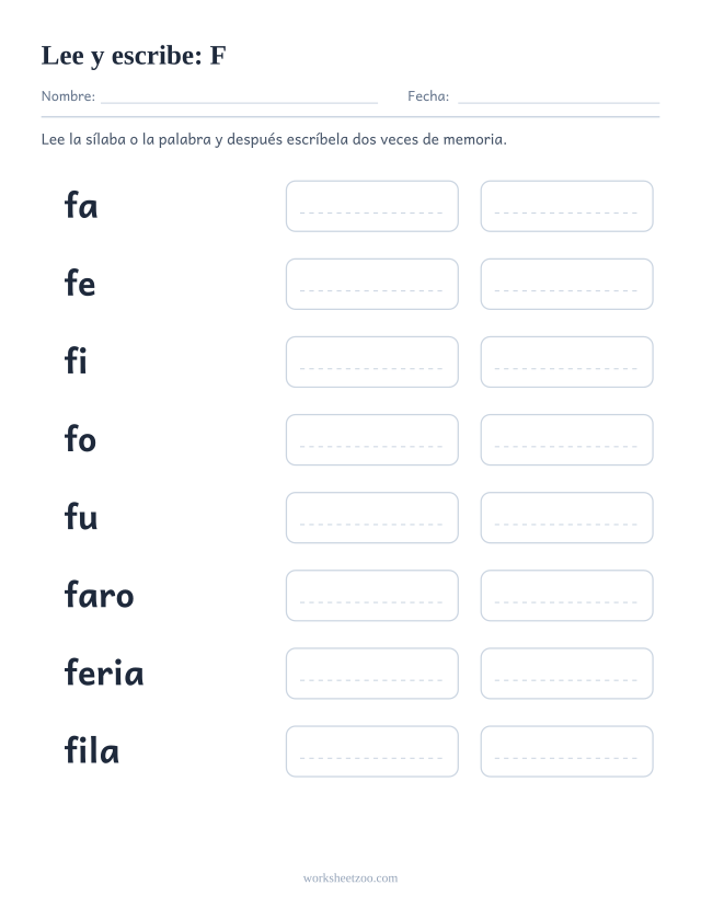 Ficha de leer y escribir de la familia de la F con faro, feria, fila, foca, fuego