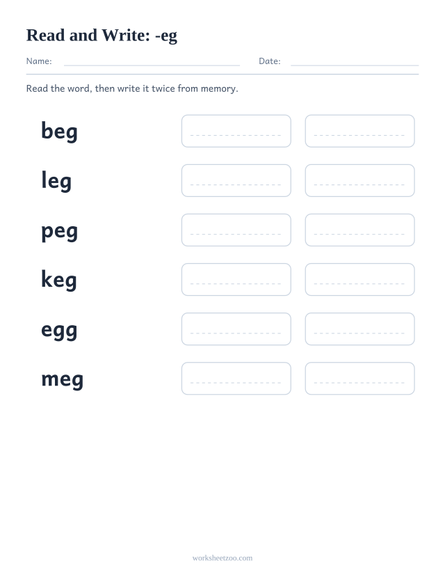 Read and write worksheet for the -eg family, beg, leg, peg, keg, egg, meg