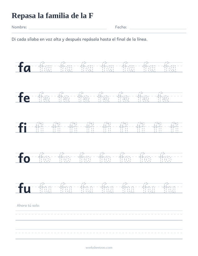 Ficha para repasar las sílabas fa, fe, fi, fo, fu sobre pauta