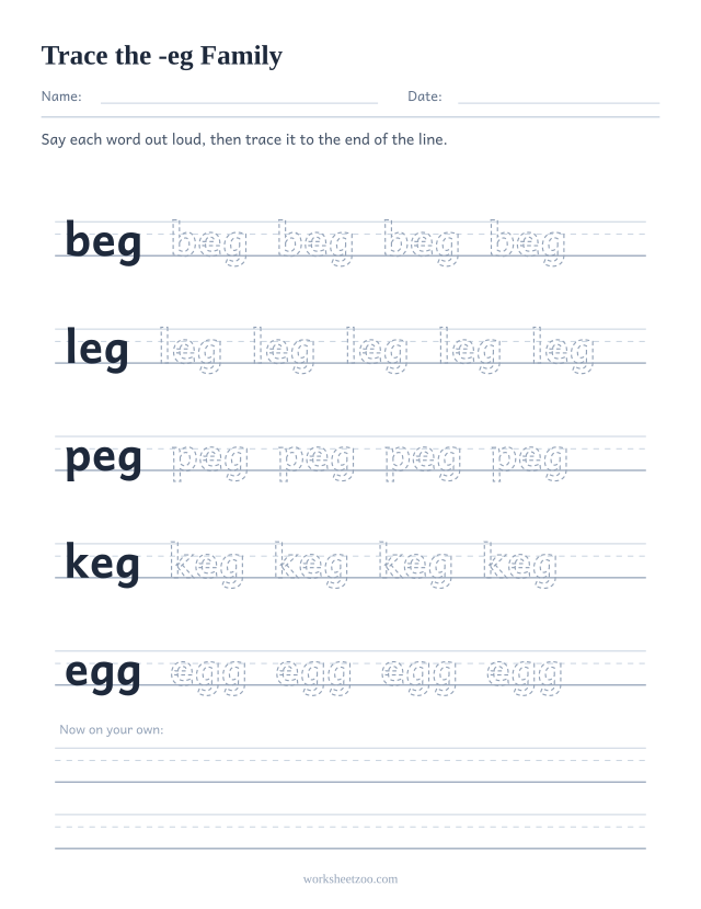 Tracing worksheet for the -eg word family on handwriting guides