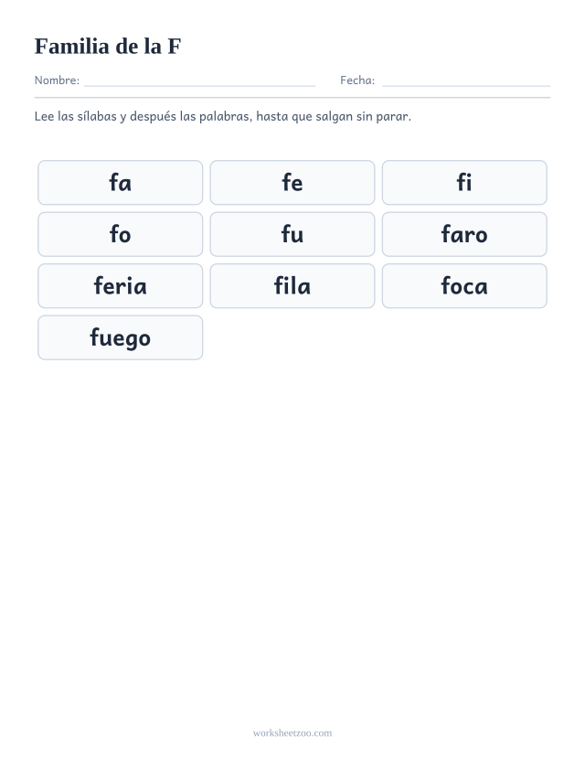Lámina de la familia silábica de la F con fa, fe, fi, fo, fu