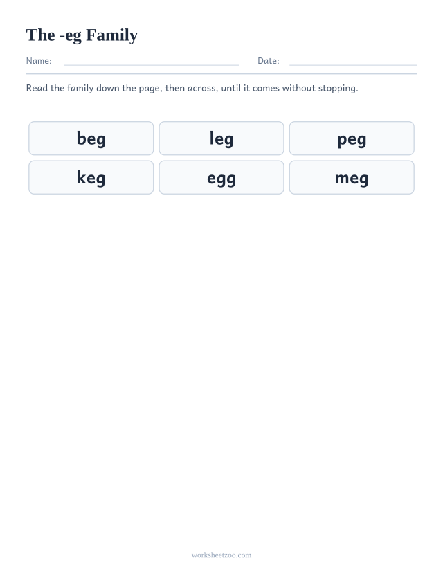 Word family chart for -eg showing beg, leg, peg, keg, egg, meg