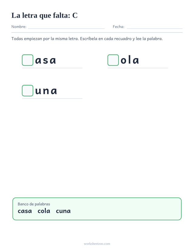 Ficha de la letra que falta de la familia de la C con banco de palabras