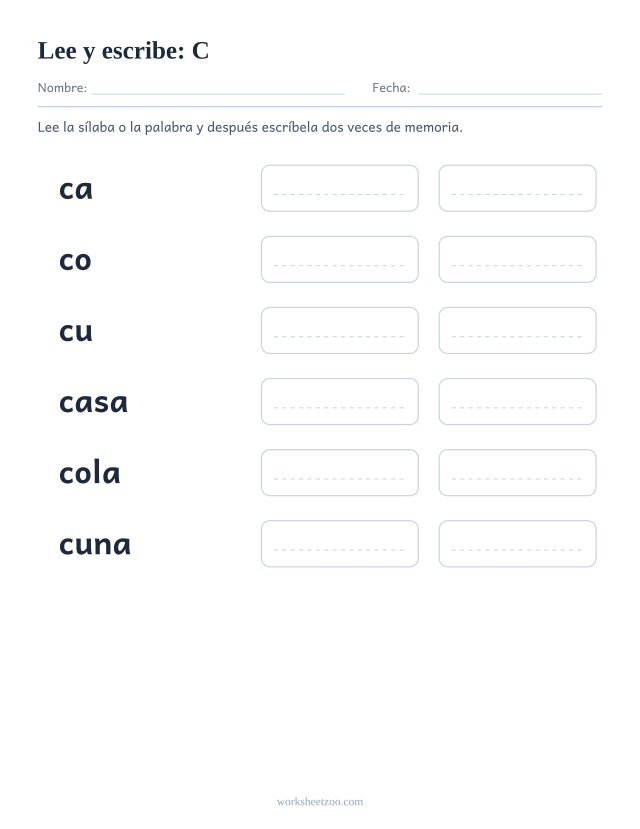 Ficha de leer y escribir de la familia de la C con casa, cola, cuna