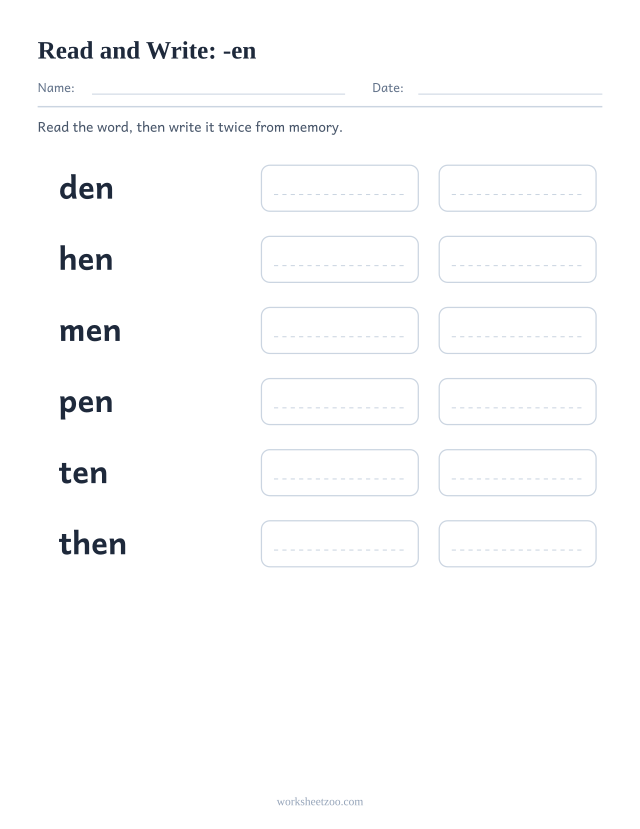 Read and write worksheet for the -en family, den, hen, men, pen, ten, then