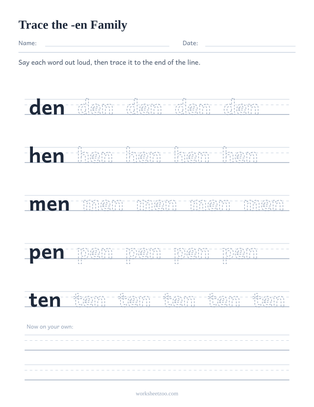 Tracing worksheet for the -en word family on handwriting guides