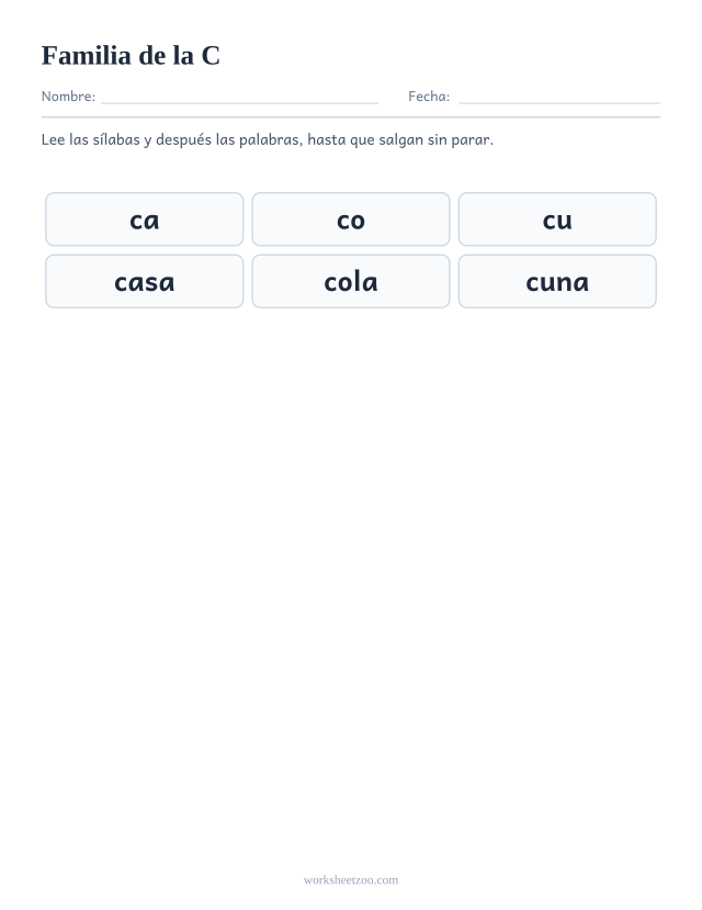 Lámina de la familia silábica de la C con ca, co, cu