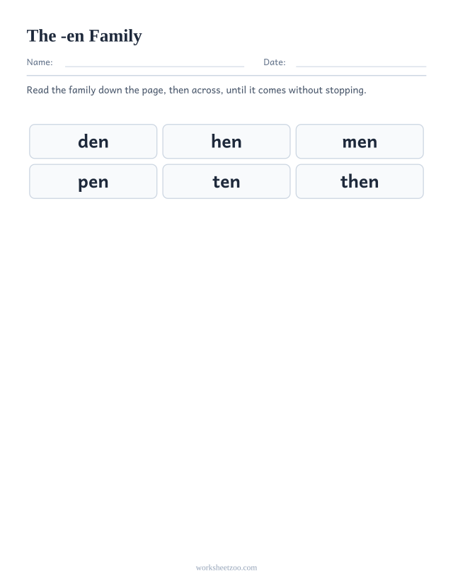 Word family chart for -en showing den, hen, men, pen, ten, then