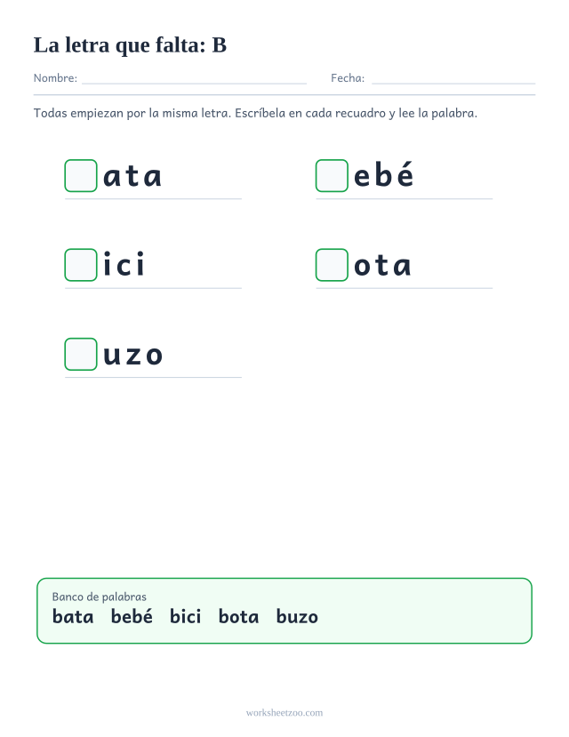 Ficha de la letra que falta de la familia de la B con banco de palabras