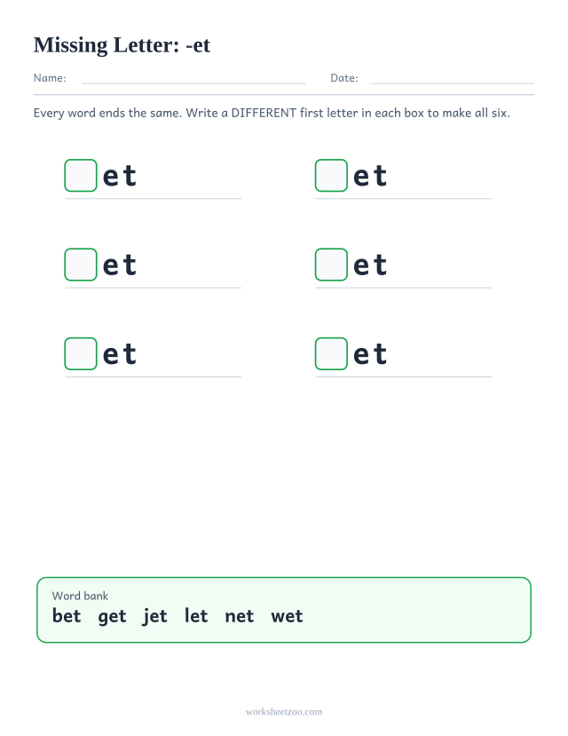 Missing letter worksheet for the -et family with a word bank