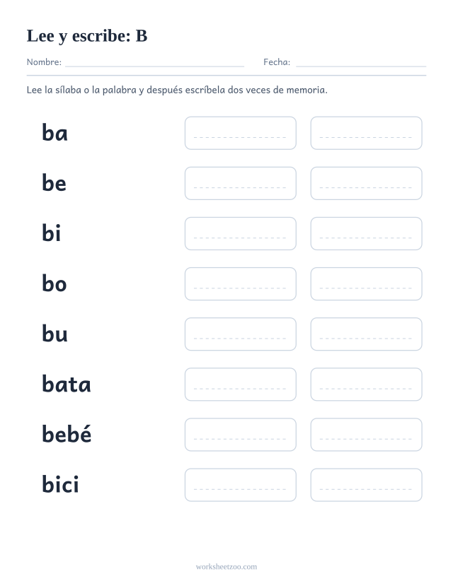 Ficha de leer y escribir de la familia de la B con bata, bebé, bici, bota, buzo