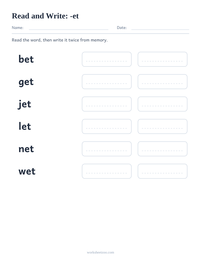 Read and write worksheet for the -et family, bet, get, jet, let, net, wet