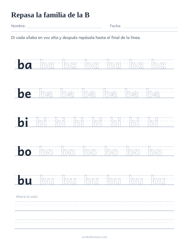 Ficha para repasar las sílabas ba, be, bi, bo, bu sobre pauta