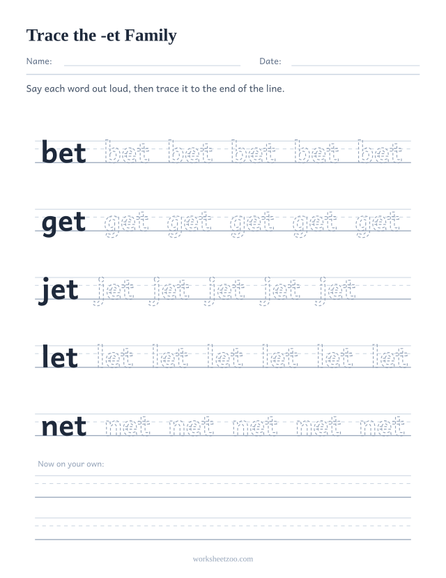 Tracing worksheet for the -et word family on handwriting guides