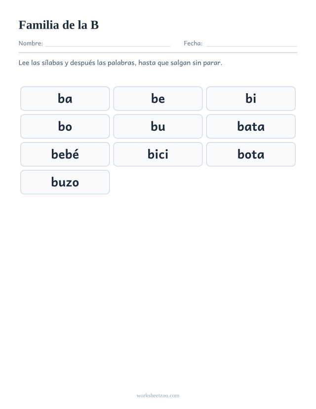 Lámina de la familia silábica de la B con ba, be, bi, bo, bu