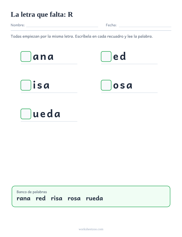 Ficha de la letra que falta de la familia de la R con banco de palabras