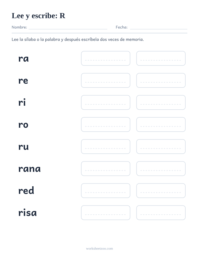 Ficha de leer y escribir de la familia de la R con rana, red, risa, rosa, rueda