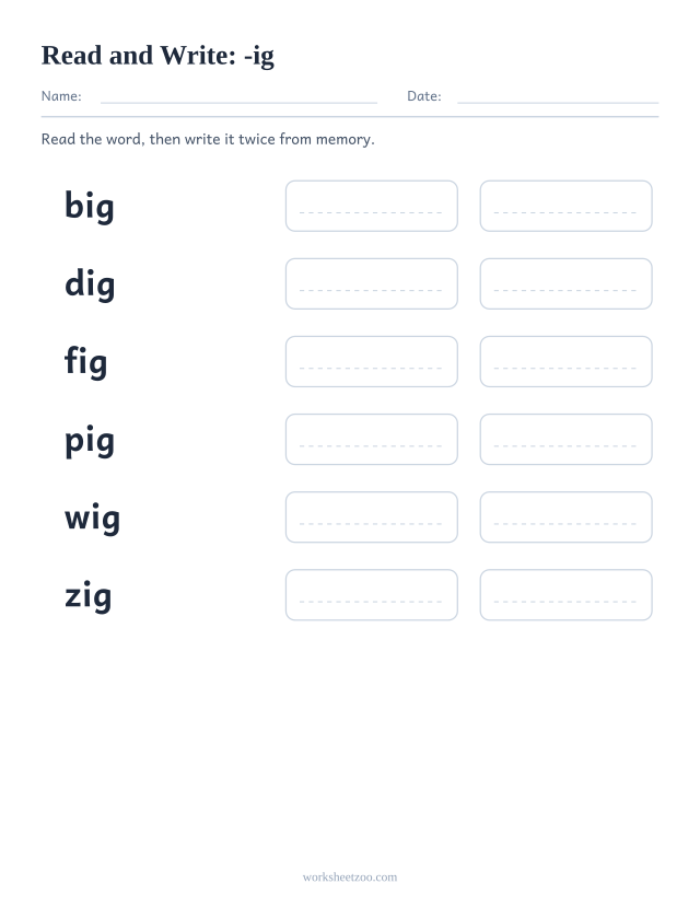 Read and write worksheet for the -ig family, big, dig, fig, pig, wig, zig