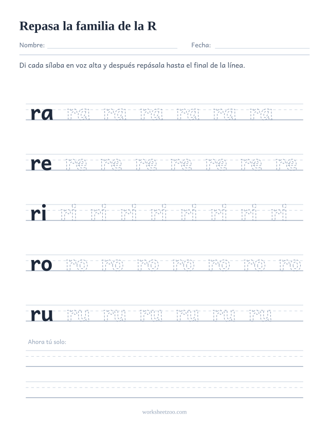 Ficha para repasar las sílabas ra, re, ri, ro, ru sobre pauta