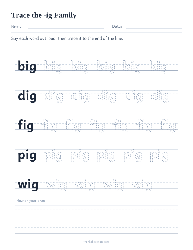 Tracing worksheet for the -ig word family on handwriting guides