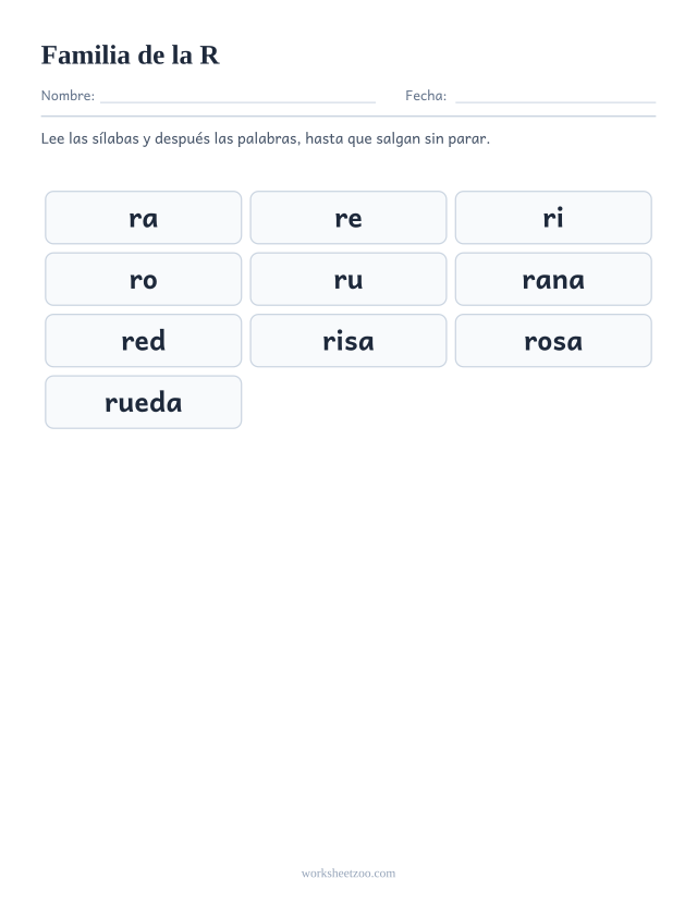Lámina de la familia silábica de la R con ra, re, ri, ro, ru
