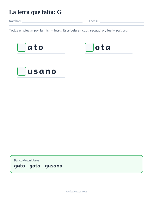 Ficha de la letra que falta de la familia de la G con banco de palabras