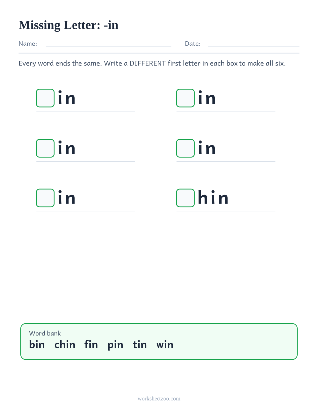 Missing letter worksheet for the -in family with a word bank