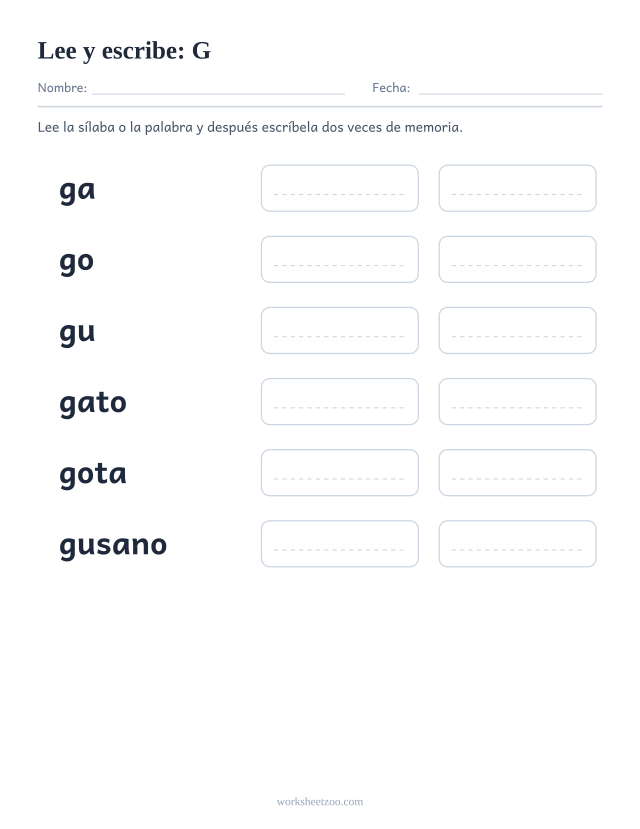 Ficha de leer y escribir de la familia de la G con gato, gota, gusano