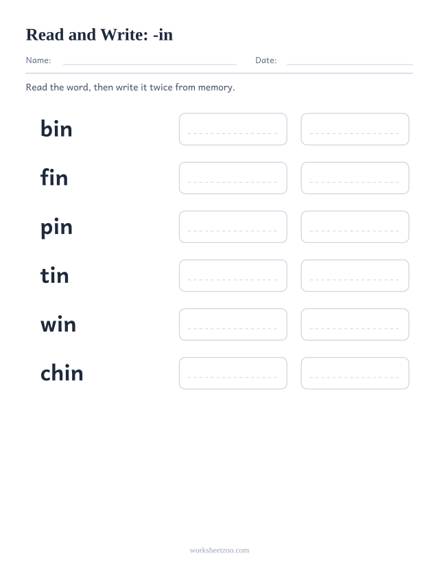 Read and write worksheet for the -in family, bin, fin, pin, tin, win, chin