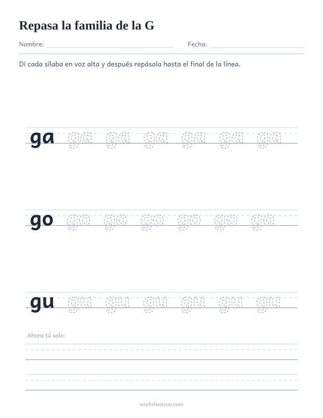 Ficha para repasar las sílabas ga, go, gu sobre pauta
