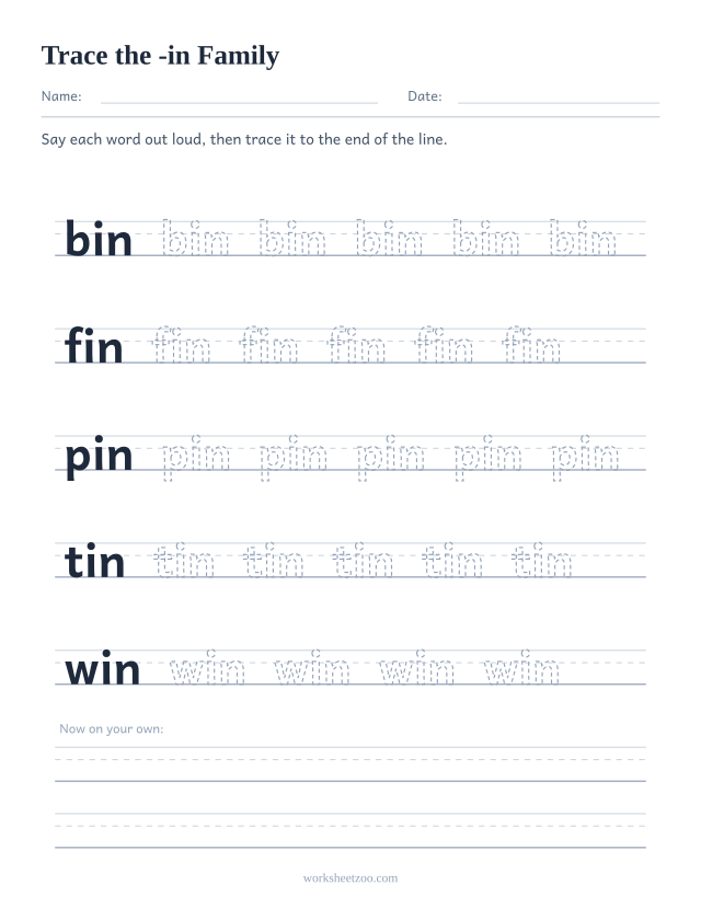 Tracing worksheet for the -in word family on handwriting guides
